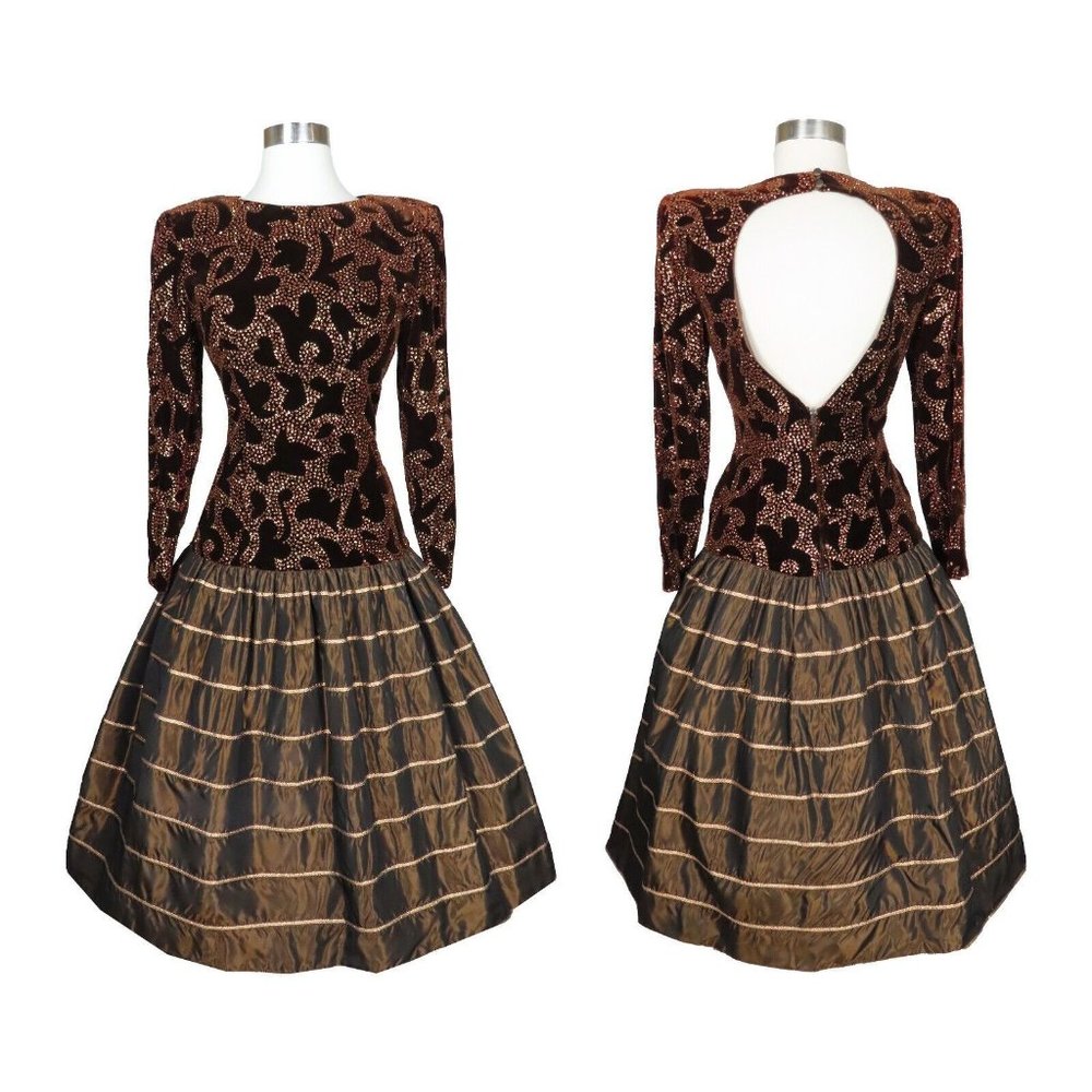 Vintage 80s Brown Velvet Gold Long Sleeve Full Skirt Glam Prom Party Dress S